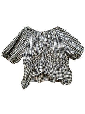 Old Navy Women's V Neck Tunic Blouse Puff Sleeve Size XXL Blue White Gingham